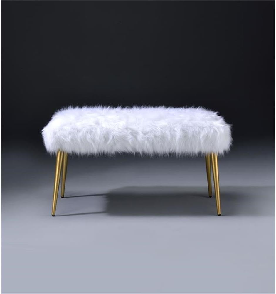 Acme Bagley II Bench, White Faux Fur & Gold