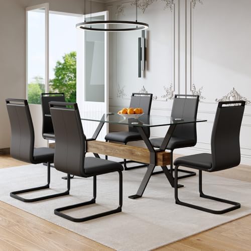 71" Glass Dining Table Set for 6, Modern Dining Table Set for 6, 0.4&quo...
