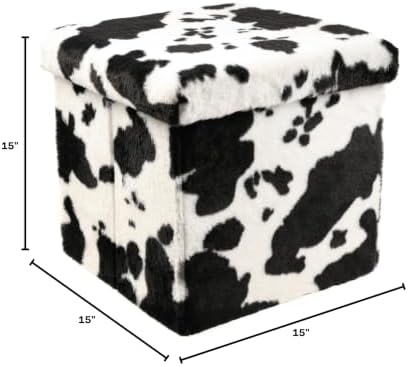 Luxe Faux Fur Storage Ottoman, Cowhide Black/White, 15 x 15 x 15 in
