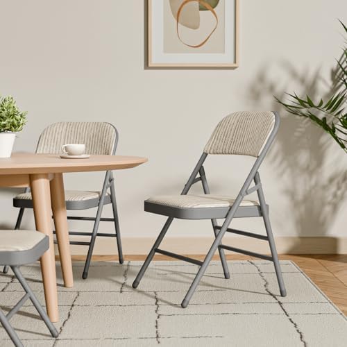 6 Pack Padded Folding Chairs with Fabric Cushion and Back, Oatmeal Stripe | H...
