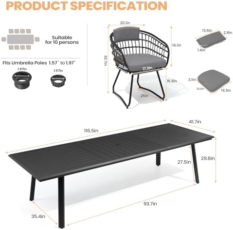 Pellebant 11 Piece Outdoor Dining Set for 10, Aluminum Table & Wicker Chair