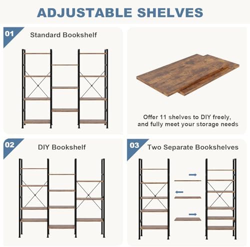 DUMOS Triple Column 4 Tier Bookshelf, Wide Industrial Bookcase, Brown