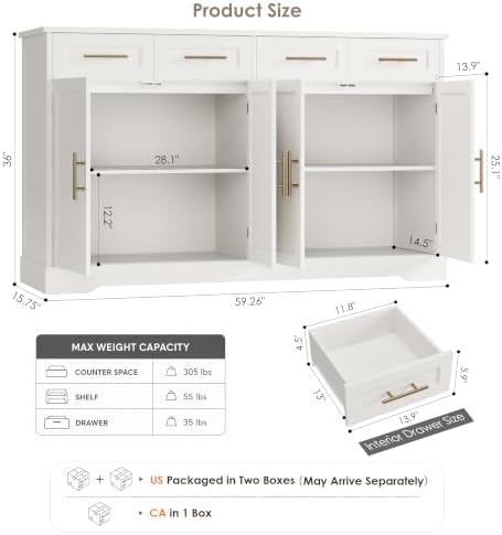HOSTACK 60" W Sideboard Buffet Cabinet with Storage, Kitchen Cabinet, White