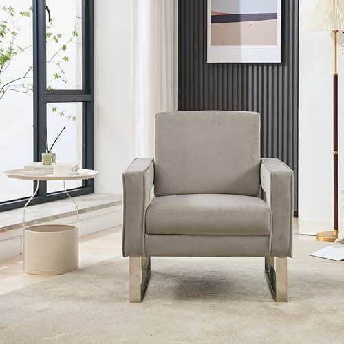 Velvet Accent Chair, Modern Armchair with Silver Base, Grey