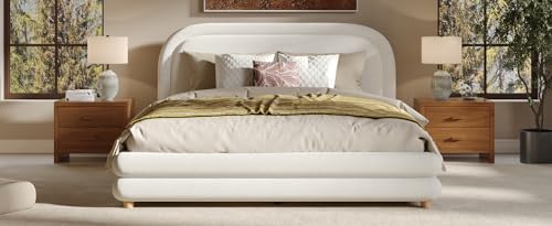 Peanu Queen Bed Frame, Boucle Upholstered Curved Headboard, White