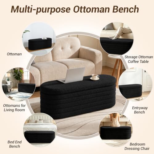 Teddy Sherpa Oval Black Ottoman with Storage, 45.5-inch Bench | Teddy Upholst...