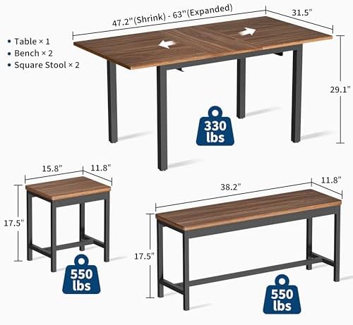 GarveeHome 5-Piece Dining Table Set for 4-8 People, 63 in Large Extendable Ki...