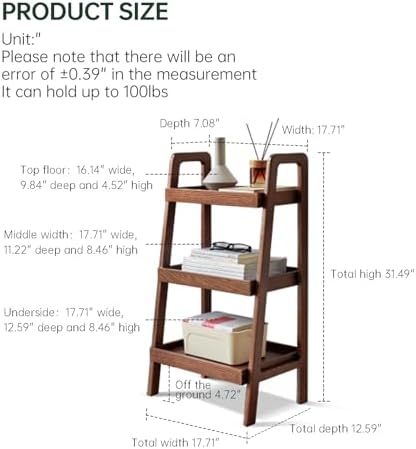 Solid Oak Small Bookshelf, 3 Tier Ladder Shelf Walnut Bookcase