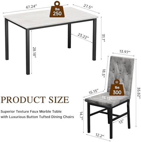 Hooseng Dining Table Set for 4, Faux Marble Small Kitchen Table Chairs Set of...