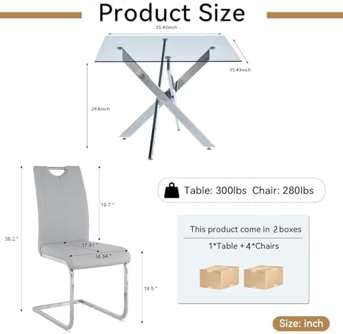 5-Piece Dining Room Table Set, Modern 36" Square Silver Glass Dining Tab...