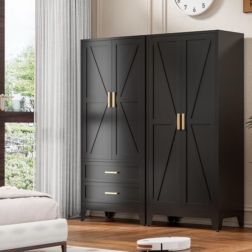 Washsemba 71'' Farmhouse Metal Wardrobe Cabinet with Hanging Rod, 2 B...