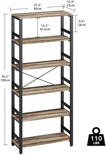 IRONCK Bookshelf, 31.5" Wide 6-Tier Industrial Bookcase, Industrial Brown