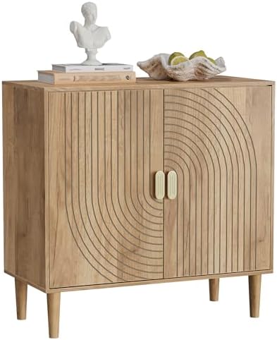 Smuxee Oak Sideboard Cabinet, Freestanding Buffet Cabinet with Line Groove De...