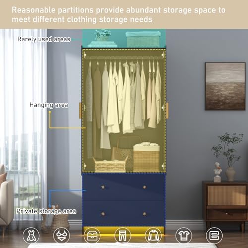 chartustriable 2 Doors Armoire Wardrobe Closet with Mirror, LED Closet with D...