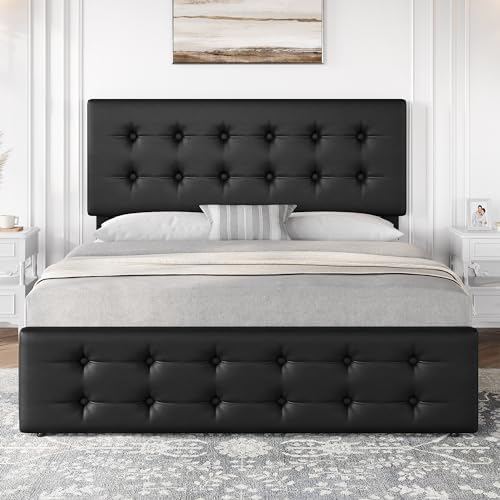 IDEALHOUSE Queen Size Bed Frame with 4 Storage Drawers and Headboard, Black