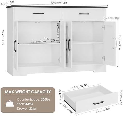 HOSTACK 47" W Kitchen Sideboard Buffet Cabinet with Storage Drawers, White