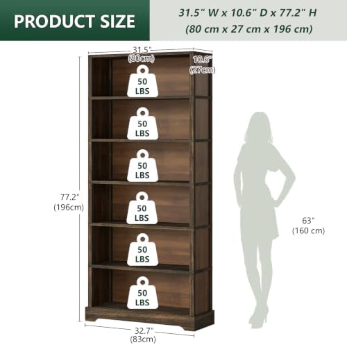 TVU 6 Tiers Wooden Bookshelf, 77.2" Tall Farmhouse Style Open Bookcase, ...