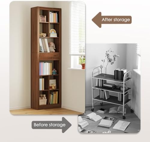 Wodeer 71" Tall 6 Tier Bookshelf with 8 Cube Open Display, Walnut Bookca...