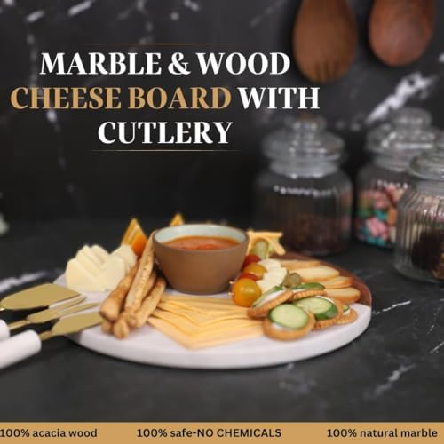 Marble Cheese Board with Wooden Thick Inlay - 3 Knife Set Included Round Char...