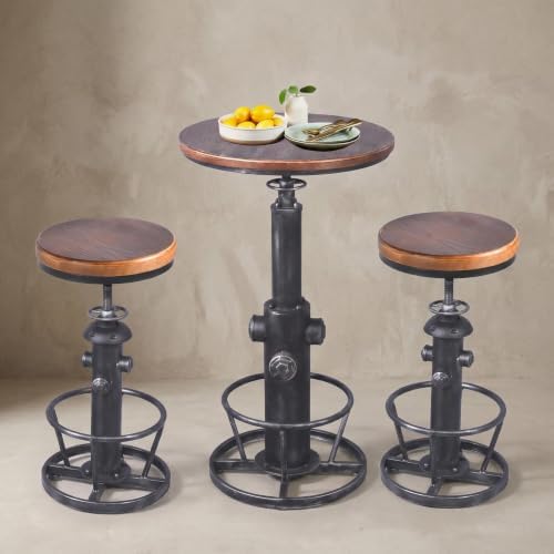 Topower 3 Piece Pub Bar Set Retro Round Bar Table and Stools for 2 Height Adj...