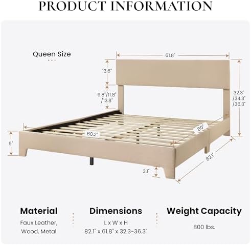 SHA CERLIN Linen Upholstered Queen Size Bed Frame with Headboard, Beige