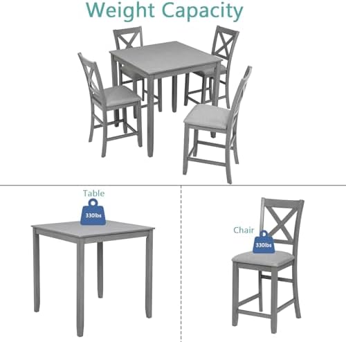 LUMISOL 5-Piece Solid Wood Table Set for 4, Farmhouse Counter Height Kitchen ...