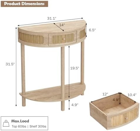 RowyPoey Rattan Half Moon Console Table, Modern Small Entryway Table
