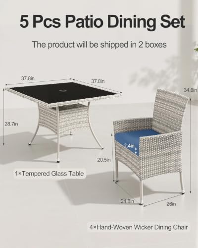 5-Piece Patio Dining, Set Patio Furniture Set Glass Table & 4 Wicker Chairs