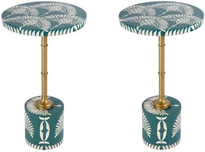 Pemberly Row Set of 2 14" Round Bone Inlay Iron Side Tables in Teal/Gold