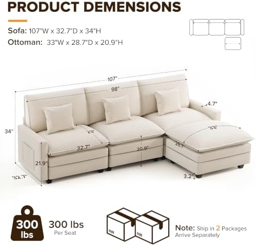 107" Modular Sectional Sofa, L Shaped Cloud Couch with Movable Ottoman |...