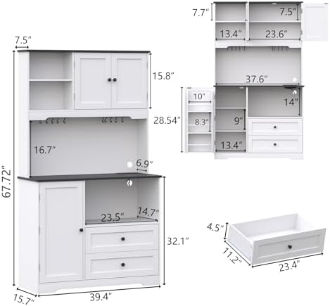 68"Tall Kitchen Pantry Storage Cabinet with Charging Station, Door &...