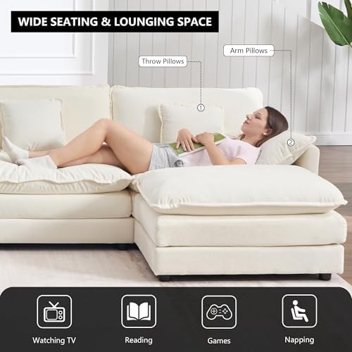Tmsan 76.7" Beige White Cloud Couch, Small L Shape Sectional Sofa, 2 Sea...
