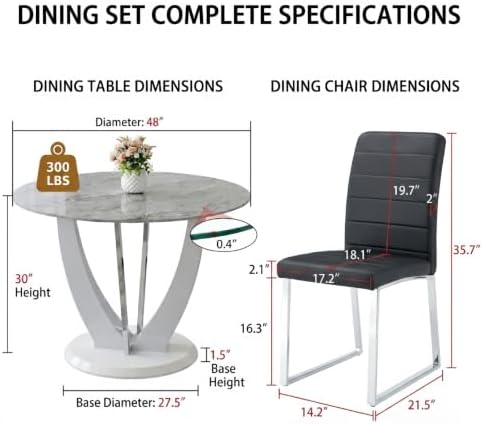 Modern 5 Piece Round Dining Table Set for 4, 47.2" Gray Faux Marble Kitc...
