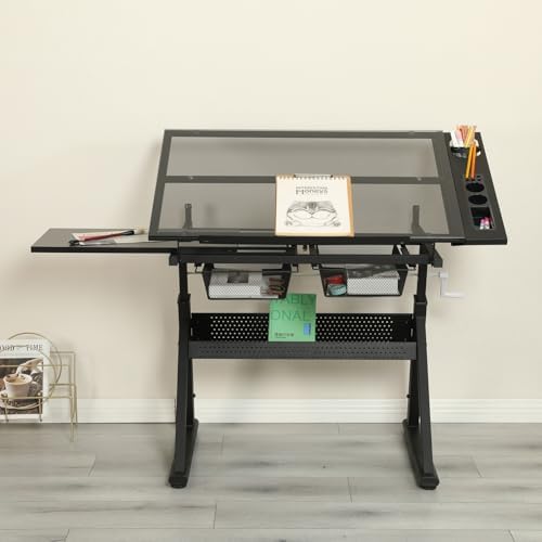 Drafting Desk w/Stool & Storage, Glass Art Table for Artists,Black