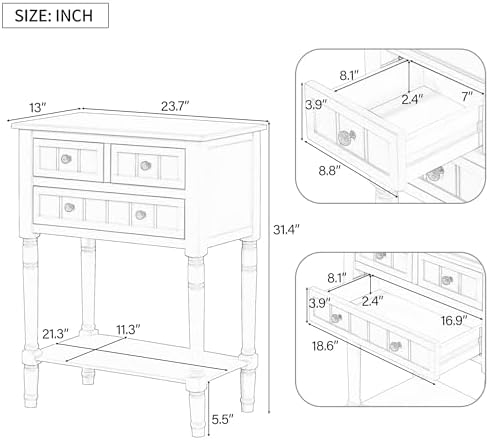 Knocbel Slim Antique Entry Console Table with 3 Drawers & Bottom Open She...