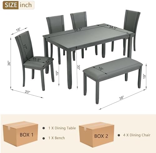 6-Piece Dining Table Set with Bench and Chairs - Solid Wood Kitchen Dining Ro...