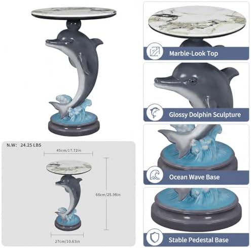 Dolphin Side Table, 25.98 in Animal End Table, Round Marble-Look Top, Hand-Pa...