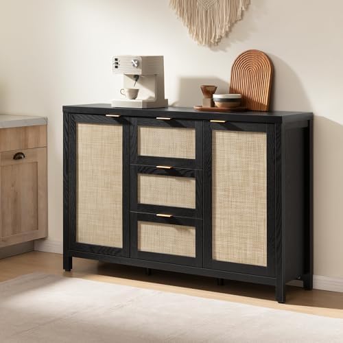 SICOTAS Rattan Sideboard Buffet Cabinet with 3 Drawers, Storage Cabinet