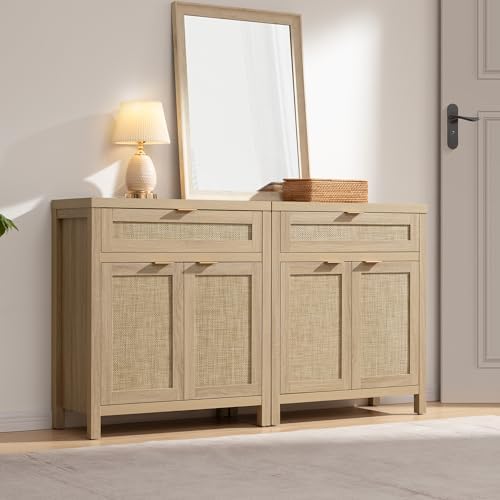 SICOTAS Sideboard Buffet Storage Cabinet Set of 3, Rattan Credenza Buffet