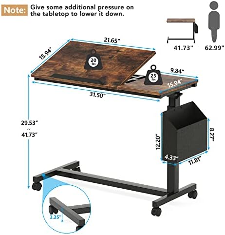 Tribesigns Height Adjustable C Shaped End Table with Wheels and Side Pocket, ...