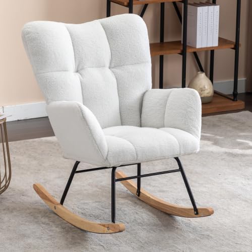 Rocking Chair, Upholstered Teddy Fabric Glider Chairs, Lounge Accent Armchair...