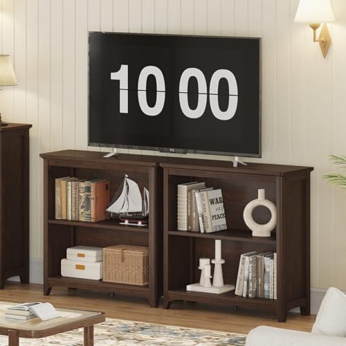 BON AUGURE Wooden Bookshelf, 2-Tier Curved Edge Bookcase, Brown Cherry
