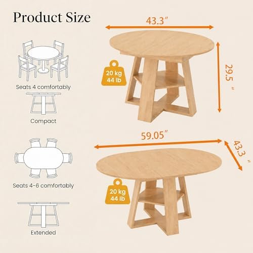 5 Piece Round Extendable Dining Table Set for 4, 43"-59" Natural Wo...