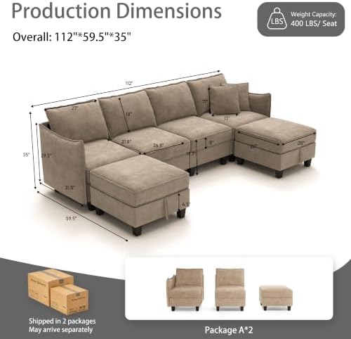 Ihanherry 112" Modular Sectional U-Shaped Sofa, Modern 6-Seat Cloud Couc...