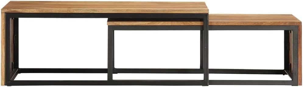 Nesting Tables 2 pcs Solid Acacia Wood | Powder Coated Steel Frame, Stackable...