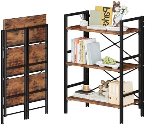 Homeiju Folding Bookshelf No Assembly, 3 Tier Bookcase Foldable Shelf
