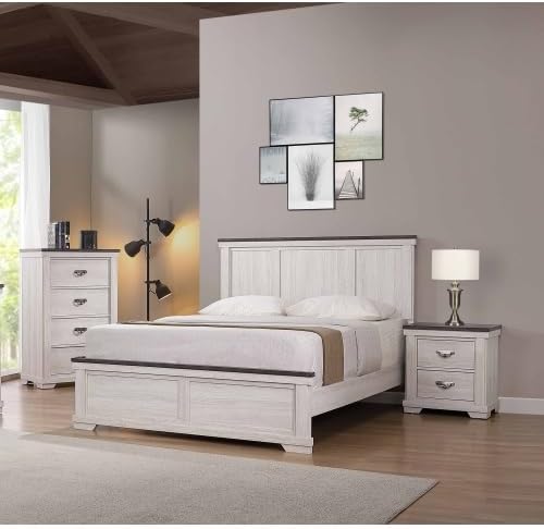 2-Drawer Rustic End Table with Gray Top, White Finish, Metal Pull, Nightstand, Solid Wood for Bedroom, Easy Assembly, Beige Gray+White