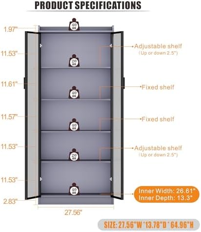 Dystler 65" Tall 5-Tier Display Cabinet with Doors and Adjustable Shelves
