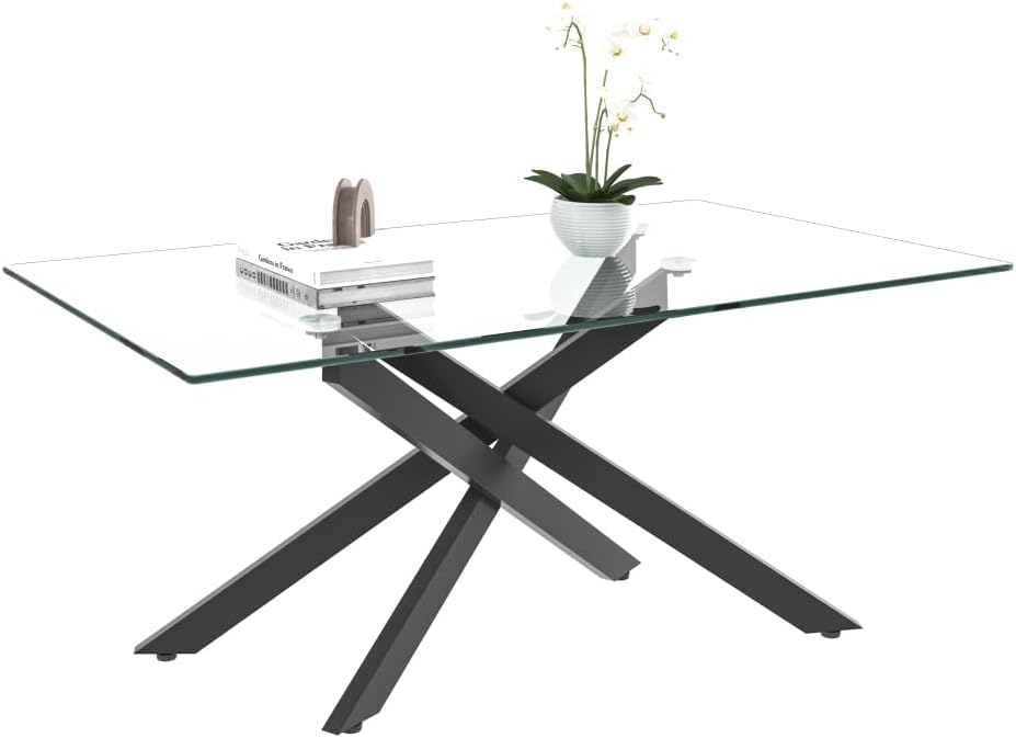 39.37-Inch Glass Coffee Table, Clear Tempered Top with Black Metal Legs | Rec...