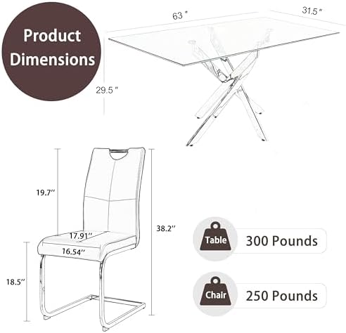 63'' Luxury Dining Table Set for 6, 7 Pieces Modern Rectangular Clear...